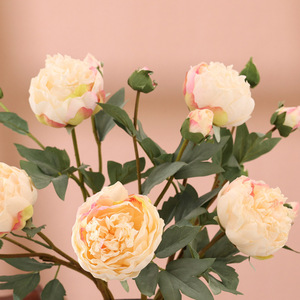 Fleur de pivoine artificielle à tige unique, trois têtes, jaune champagne, haute simulation, en soie, pour décoration de mariage et de maison - Product Image 4