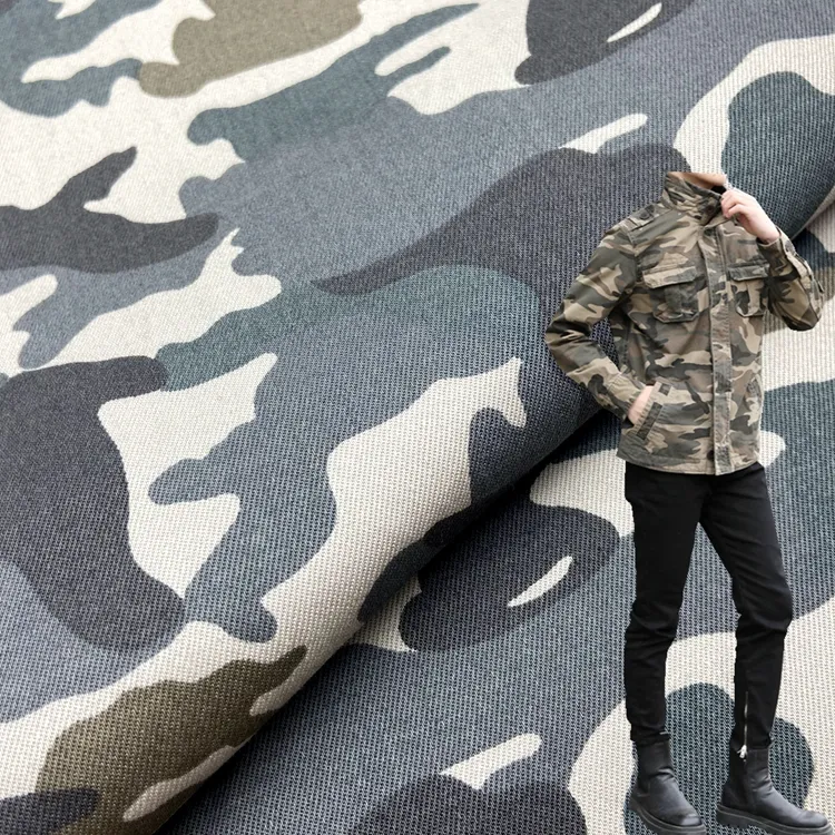 High quality camouflage printed woven washed 3% spandex 97% cotton twill fabric for jacket pants