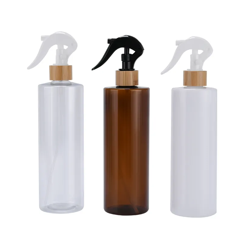 100mL 120ml 150ml 200ml 250ml 300ml 500ml botella de spray de plástico PET ámbar transparente con rociador de gatillo de Bambú