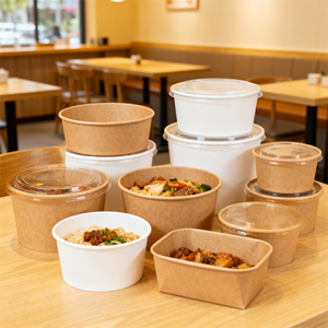 Tazón Rectangular Biodegradable Desechable de Papel Kraft para Sopa, 1090-1900 ml, con Tapa de Papel, Apto para Microondas, para Comida Caliente, para Llevar, Catering - Product Image 1