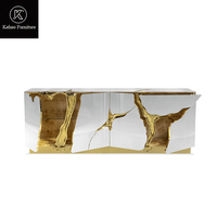 Buffet de luxe haut de gamme fait main sur mesure avec miroir craquelé à feuille d'or et base en acier inoxydable pour salon de villa