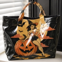 Sac fourre-tout vintage grande capacité en PVC avec imprimé citrouille sorcière d'Halloween, imperméable et réutilisable, pour le shopping des fêtes, sac à main pour femme