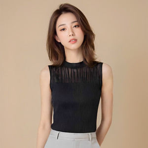 Nouveau <span class=keywords><strong>pull</strong></span> court en maille tricotée sans manches pour femme, en Spandex/Polyester, avec empiècements en <span class=keywords><strong>dentelle</strong></span>, coupe ajustée amincissante, couleur unie, style vintage - Product Image 4