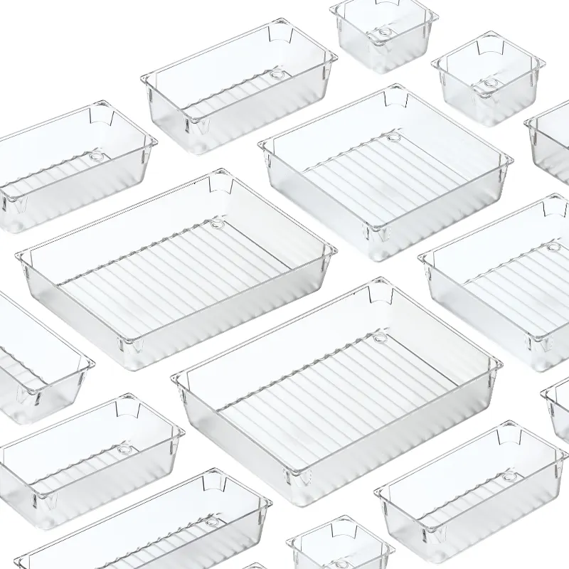 Hot Sale Plastic Clear Storage Tray Multiuse Storage Box Stackable Desk Drawer Organizer Bin