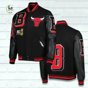 Huili oem toptan yüksek kalite ağır şönil işlemeli streetwear erkek deri beyzbol letterman varsity ceketler