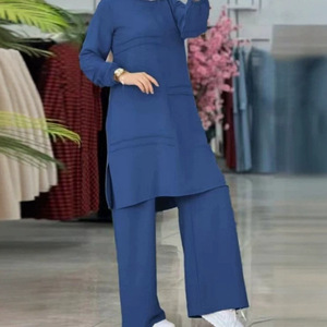 Elegant Muslim <strong>Women's</strong> Solid Wool Tunic Pants Set Long Sleeve Top Side Slit Hem Loose Fit <strong>Trousers</strong> Modest Casual Suit <strong>Work</strong> Party - Product Image 3