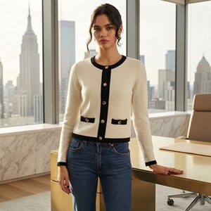 Custom <strong>Women</strong> Knit Sweater Tweed Style Contrast Trim Knit Cardigan OEM ODM Custom Logo Long Sleeve Cropped Knitwear Wholesale - Product Image 2