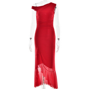Vestido midi con abertura en un hombro para mujer, elegante, transpirable, con dobladillo en forma de Y, para la noche. - Product Image 5