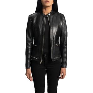 Chaqueta de motorista negra Haley Ray con cremallera de piel de oveja auténtica OEM para mujer con forro de viscosa acolchado y bolsillos interiores y exteriores ODM - Product Image 1
