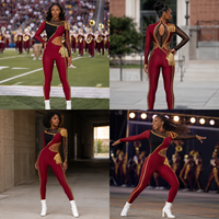 Ensemble d'uniforme de majorette HBCU personnalisé, combinaison bordeaux à franges dorées avec épaulettes, tenue d'entraînement, veste de préchauffage et leggings