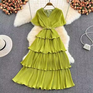 Abito Lungo da <span class=keywords><strong>Spiaggia</strong></span> in Chiffon con Maniche Corte, Allacciatura, Vestibilità Slim, Alta Qualità, Stile Francese, Moda Femminile, Abito Maxi Plissettato per Vacanze - Product Image 4
