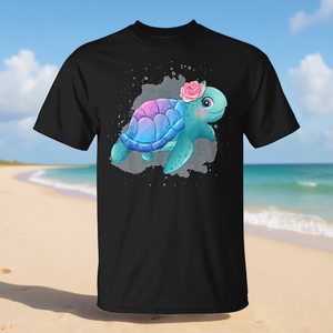 T-shirt mignon en aquarelle avec motif de tortue de mer et de rose pour enfants et adultes - Product Image 3