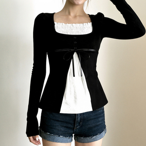 T-shirt moulant à manches longues Sweet Girl, col carré, patchwork noir et blanc, tricot confortable pour superposition - Product Image 5