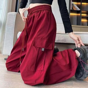 Red Cargo Pants Women High Waisted Loose Wide Leg Drawstring Jogger Style Casual Jazz Dance Pants Breathable Canvas Fabric - Product Image 1
