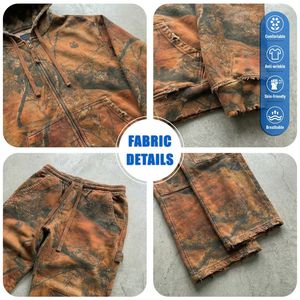 Custom <strong>Orange</strong> Tree Camo Zip Up <strong>Hoodie</strong> <strong>Men</strong> Heavyweight Acid Wash Distressed Raw Hem Carpenter Tracksuit Vintage Streetwear Set - Product Image 5