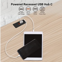 Hub USB-C noir 20W, prise de courant encastrée pour bureau/table avec charge rapide, 4 ports USB, matériau ABS