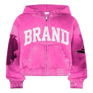Sudadera con capucha rosa extragrande con cremallera, logo de marca con pedrería, mangas desgastadas, forro polar, unisex, invierno, 100% algodón - Product Image 1