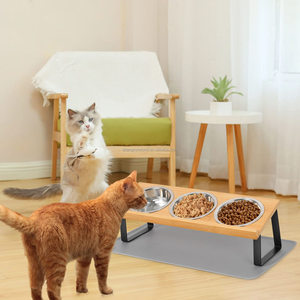 Penjualan Terbaik antiselip Whisker Relief Anti Vomit mangkuk anjing kucing baja tahan karat 350 Ml mangkuk kucing dengan rak bambu