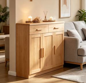 Armoire de rangement en bois moderne avec 2 tiroirs et 3 portes pour l'entrée, étagère à chaussures, meubles de salon, design scandinave - Product Image 4