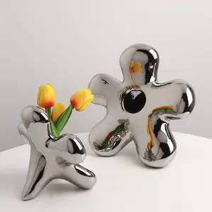 Vase de luxe moderne plaqué argent, en céramique, pour décoration de style pop, table d'arrangement de fleurs, salon, offre spéciale, 1 pièce