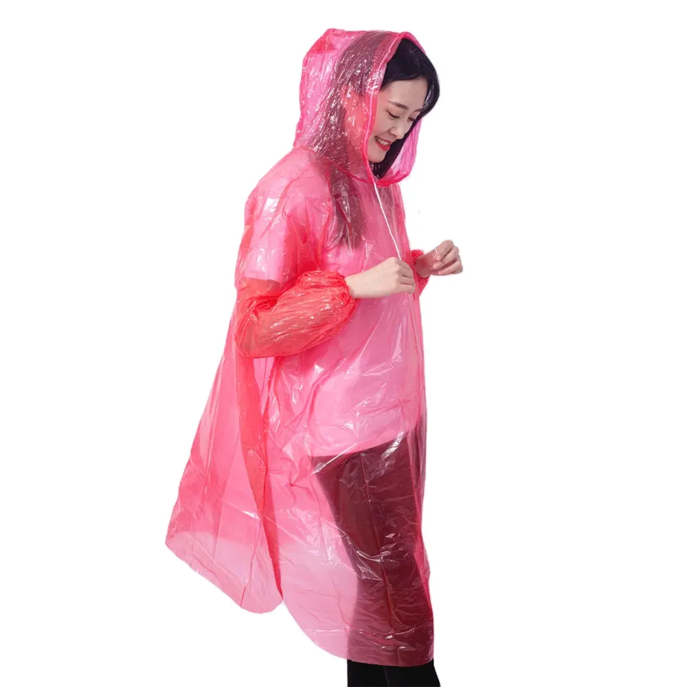 Promotional Fashion PE Long Sleeve and Buttons Rain Coat Custom Transparent Raincoat Waterproof for Adult Women Pink Men Purple