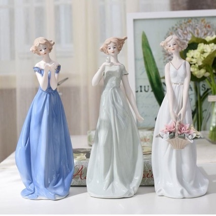 Elegant Porcelain Lady Figurine Set - Pastel Color Ceramic Statues for Living Room Decor