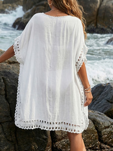 Vestido Mini <span class=keywords><strong>de</strong></span> Color Sólido para <span class=keywords><strong>Mujer</strong></span>, con Detalles <span class=keywords><strong>de</strong></span> Encaje Cosidos a Mano, Estilo Holgado, Informal, para Playa o Aire Libre - Product Image 5