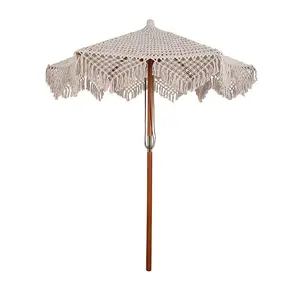 Quality Crochet Patio Wooden Umbrella Handmade Cotton Tassels 2.5m Parasol Macrame Ropes Open Umbrella With Fringe