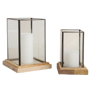 Portavelas de vidrio cuadrado con base de madera y metal decorativo para Villa de casa más vendido hecho a mano para ocasiones navideñas - Product Image 5