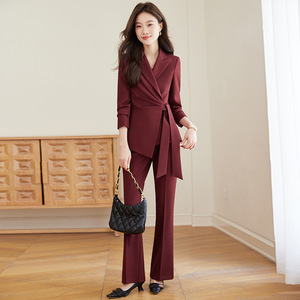 Ankola Women's Red Suit Set Autumn Polyester Satin Three Quarter Sleeve Office Lady Anti-Wrinkle Elegant Fashionable - Product Image 1