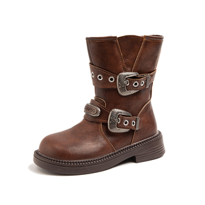 Botas Vaqueras de Otoño para Niñas con Botones Metálicos, de Cuero PU, Punta Redonda, Cierre de Cremallera, Zapatos Cortos para Niños, Botas de Moda Infantiles - Product Image 6