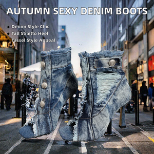 Botines de mezclilla para mujer con punta cuadrada, tacón de aguja, diseño de botones y borlas, botines de moda para otoño - Product Image 2