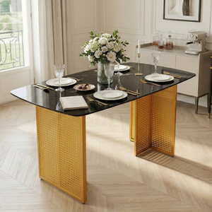 OEHOME Modern-Style Rectangular Tempered Glass Dining <b>Table</b> 6-Piece Set Marble-Patterned Design Golden Hollow-Out Metal <b>Legs</b> - Product Image 4