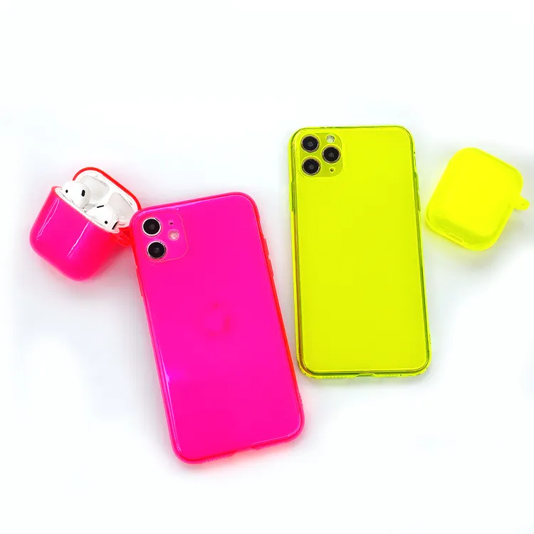 Fluorescence color jelly transparent TPU mobile phone case for iphone 11 x xs 7 8,clear cover case for airpods