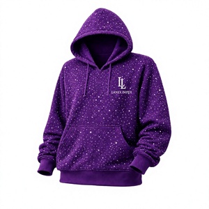 เสื้อฮู้ดผู้ชายสีม่วงประดับเพชรเทียม สกรีนโลโก้ได้ สไตล์สตรีทแวร์ลำลอง เสื้อฟลีซแขนยาวมีฮู้ด แฟชั่นเสื้อฮู้ดฤดูหนาว - Product Image 1