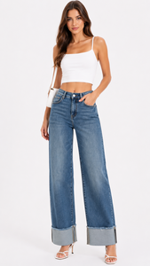 Jeans a vita alta a gamba larga in denim con orli risvoltati e dettagli a contrasto per donna, stile casual estivo - Product Image 1