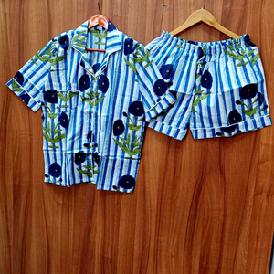 Women's Blue Striped Floral Print Cotton <b>Pajama</b> Set Short Sleeve Turn-Down Collar Elastic Waist Summer Casual Sleepwear - Product Image 1