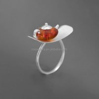 Rosaeflora "Tea Time" Zen Spirit Teekannenringe aus echtem 925er Sterlingsilber, 18 Karat vergoldet, mit Naturbernstein, edler Schmuck