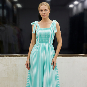 Mint Striped A-Line Midi <b>Dress</b> Square Neck Sleeveless <b>Ruffle</b> Hem Casual Summer <b>Dress</b> Woven Cotton <b>Dress</b> - Product Image 5