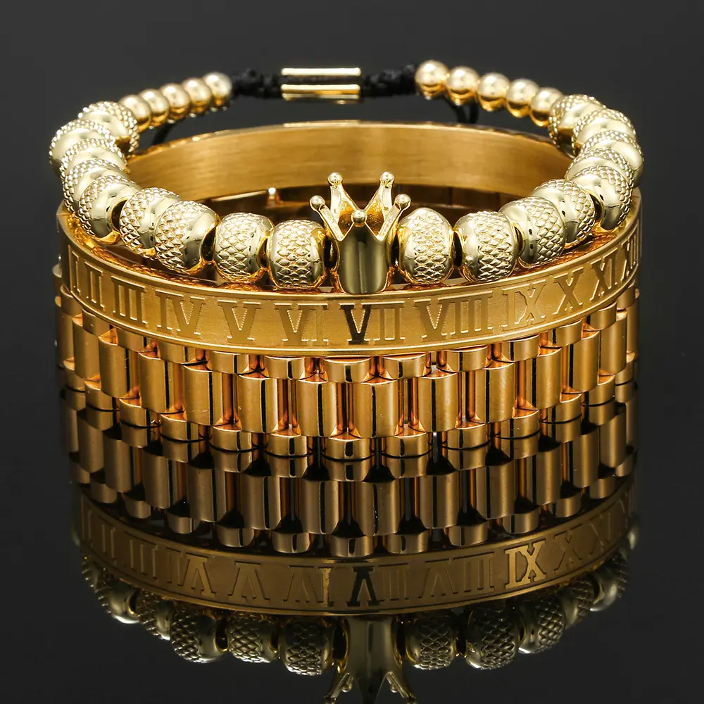 Men Roman Numbers Crown Bangle Luxury 3pcs/set Stainless Steel Braided Watchband Crown Bracelet Set Black Gold Adjustable