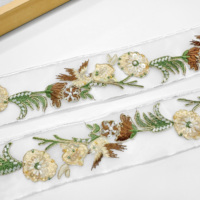 Ruban en organza floral botanique perlé avec bordure en dentelle pour embellissement de vêtements - Vente en gros