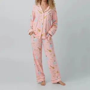 Baju tidur katun wanita, set piyama wanita ukuran besar, pakaian tidur santai lengan panjang/