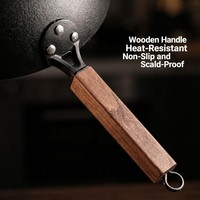 Wok en fer fin de style ancien, sans revêtement, avec poignée en bois et couvercle en verre, capacité 18L/20L, pour usage domestique, compatible gaz et induction
