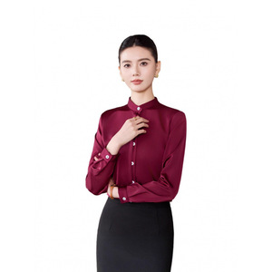 Women's Burgundy Stand Up Collar Shirt Long Sleeve Formal Work Wear Professional Interview Top - Product Image 5