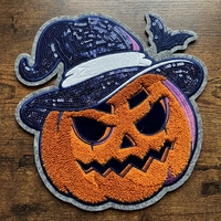 Nouveaux Patchs Thermocollants Géants en Chenille Brodés de Paillettes Citrouille Personnalisées pour Halloween 2026, Découpés au Laser pour Vêtements