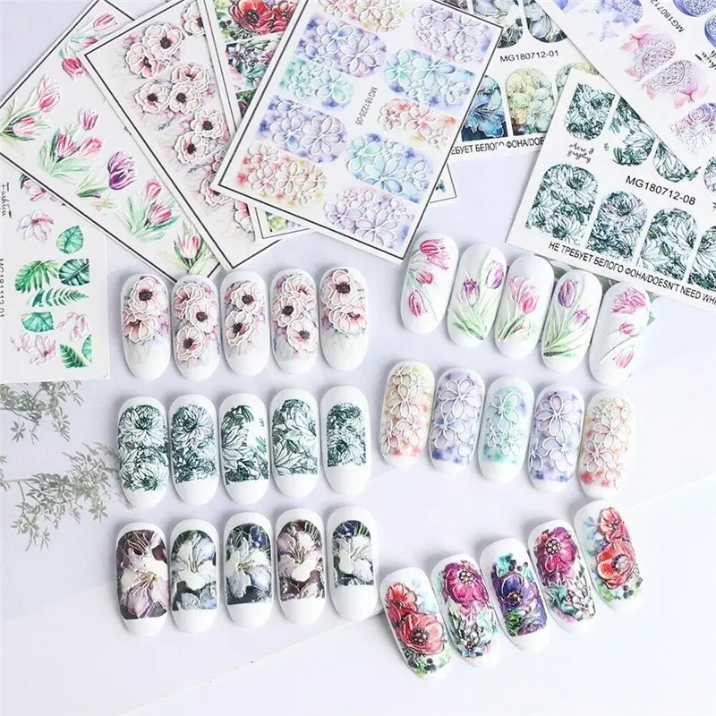 Embossed Flower Water Decals Empaistic Nail Water Slide Decals 5D Nail Sticker