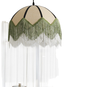 Lampe suspendue vintage française en lin vert avec pompons, LED blanc chaud, intensité réglable, faisceau à 360°, pour chambre, salon, salle à manger - Product Image 1