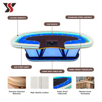 Mesa de Póker LED Personalizada YS OEM con Pedestal Dividido, Fieltro Azul y Negro, Rieles Crema, Soportes Dorados, para 8 Jugadores, Baccarat, Casino