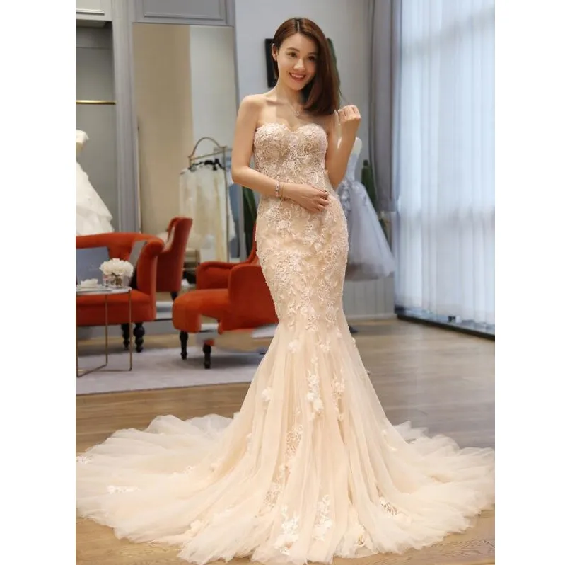 High Quality Lace Sexy Sleeveless Mermaid Appliques Bridal Wedding Dress