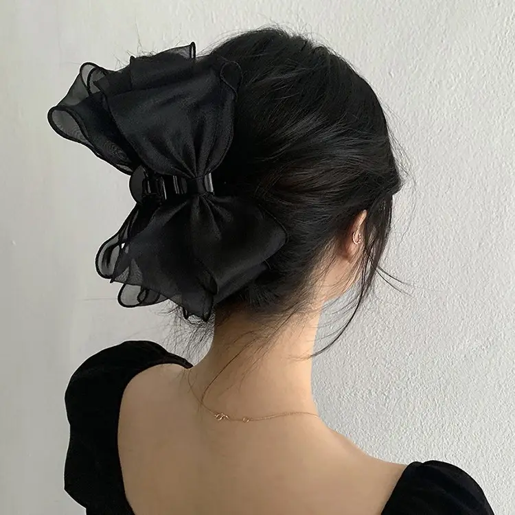 Pinza para el pelo con lazo de tela de seda para mujer, pinza de tiburón a la moda, Clip de malla encantador de Organza, pinzas grandes para el pelo